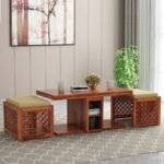 Solid Wood Coffee Table with 2 Stools for living Room