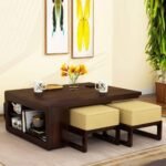 Sheesham Wood Coffee Table with 4 Stools for Living Room