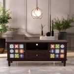 Sheesham Wood Entertainment Center with Colorful Ceramic Tiles