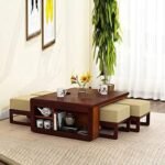 Wooden Coffee Table with 4 Stools for Living Room