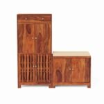 Solid Sheesham Wood Shoe Rack Cabinet with Seating Closed Door Drawer - Image 3
