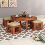Solid Sheesham Wood Center Coffee Table with 4 Stool for Living Room