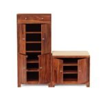 Solid Sheesham Wood Shoe Rack Cabinet with Seating Closed Door Drawer - Image 4