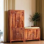 Solid Sheesham Wood Shoe Rack Cabinet with Seating Closed Door Drawer