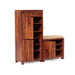 Solid Sheesham Wood Shoe Rack Cabinet with Seating Closed Door Drawer - Image 5
