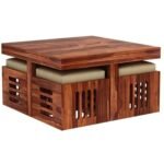 Solid Sheesham Wood Center Coffee Table with 4 Stool for Living Room - Image 2