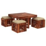 Solid Sheesham Wood Center Coffee Table with 4 Stool for Living Room - Image 3